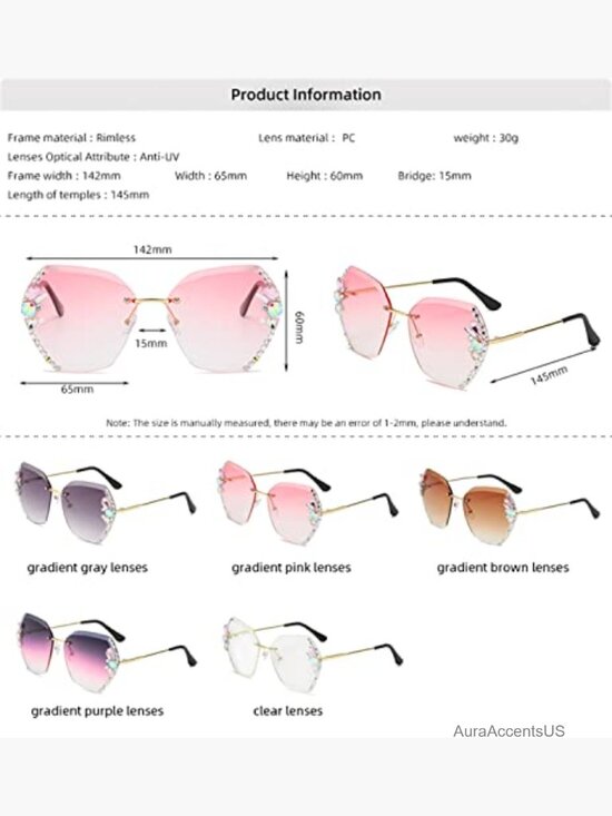Rimless Diamond Sunglasses Oversized Square UV Protection Metal Frame main image 5
